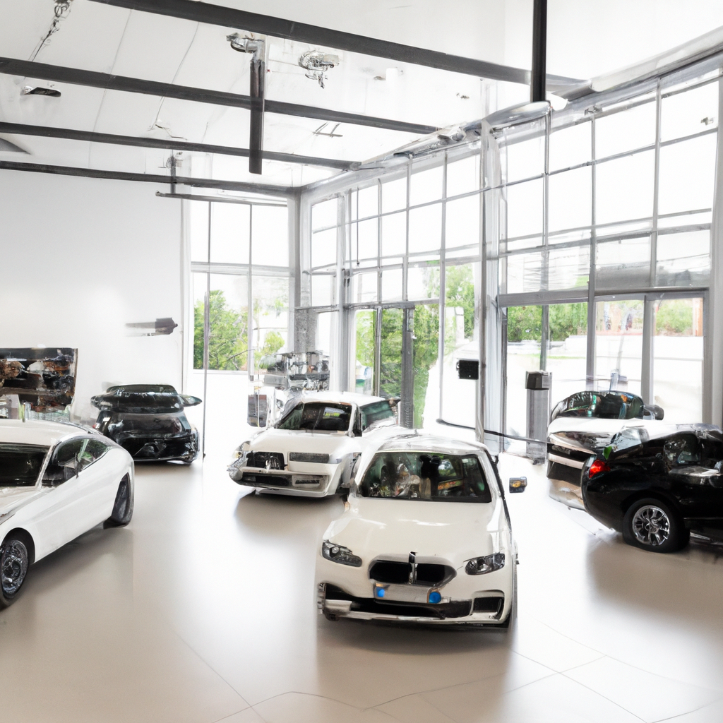 Showroom moderno de concessionária com veículos de luxo