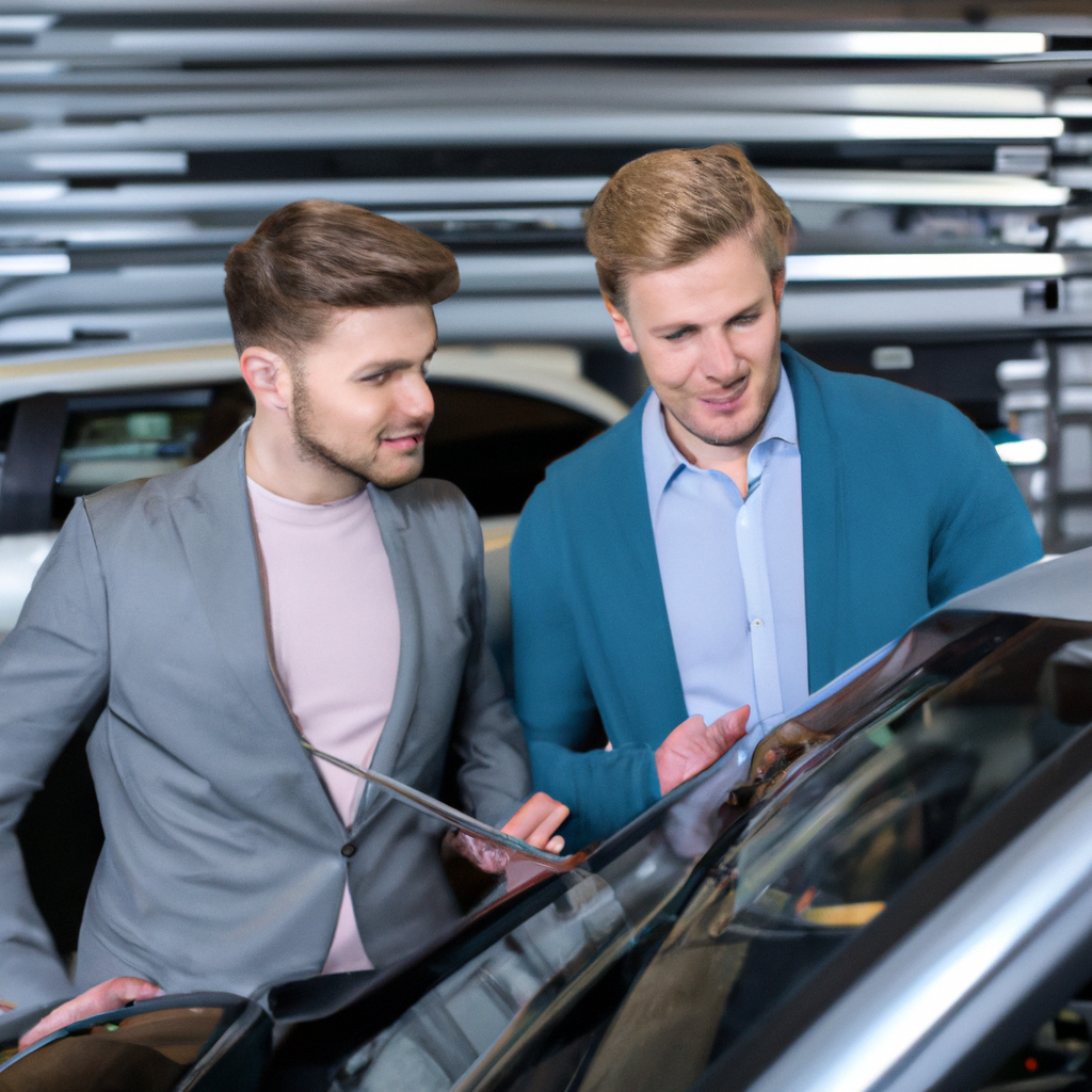 Vendedor profissional mostrando características do carro para cliente